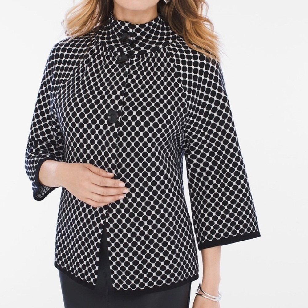 CHICO'S Black White Polka Dot 3/4 Bell Sleeve High Neck Cardigan